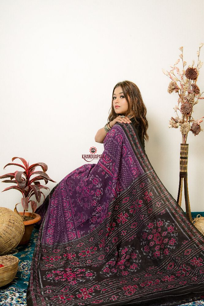 khanduapata Black & Purple Special Design Cotton Saree For Women