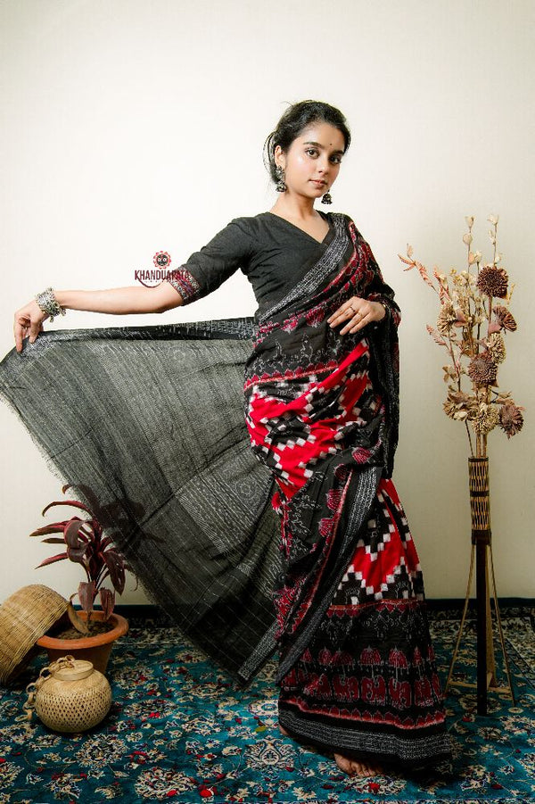 khanduapata Multicolor Elephant Design Cotton Saree For Women