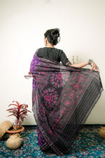 Thumbnail for khanduapata Purple Flower Design Cotton Saree For Women