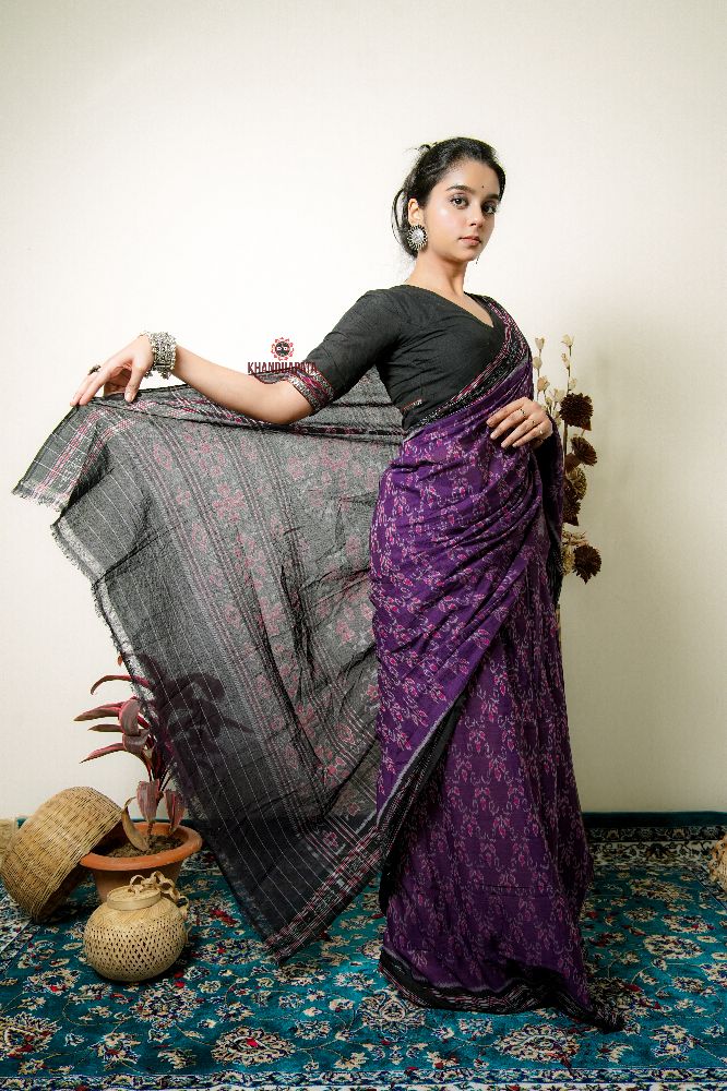 khanduapata Purple Flower Design Cotton Saree For Women
