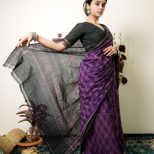 khanduapata Purple Flower Design Cotton Saree For Women - Distacart
