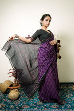 Thumbnail for khanduapata Purple Flower Design Cotton Saree For Women