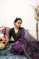 Thumbnail for khanduapata Purple Flower Design Cotton Saree For Women