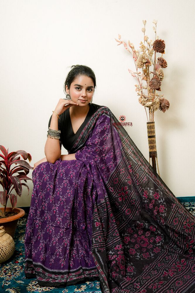 khanduapata Purple Flower Design Cotton Saree For Women