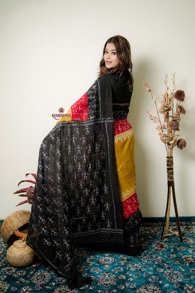 khanduapata Multicolor Tribal Doll Design Cotton Saree For Women