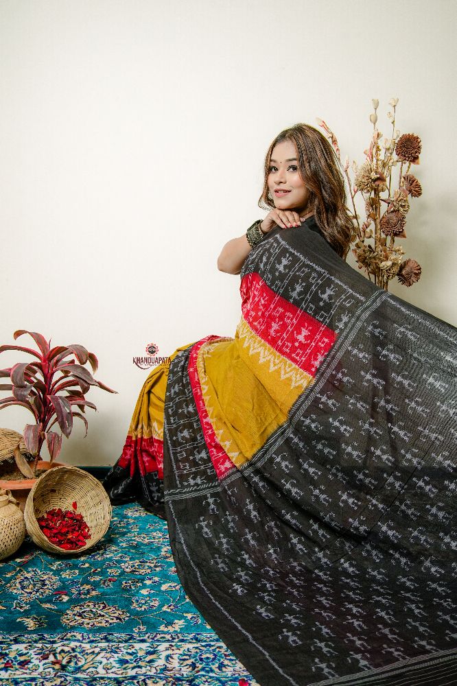 khanduapata Multicolor Tribal Doll Design Cotton Saree For Women