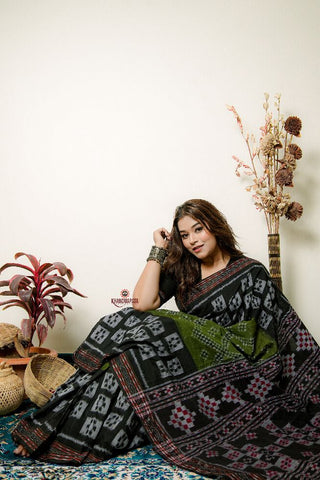 khanduapata Black And Grey Box Design Cotton Saree For Women