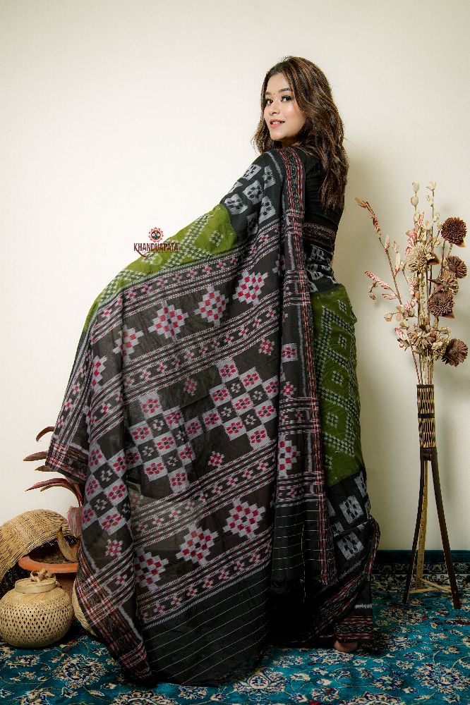 khanduapata Black And Grey Box Design Cotton Saree For Women