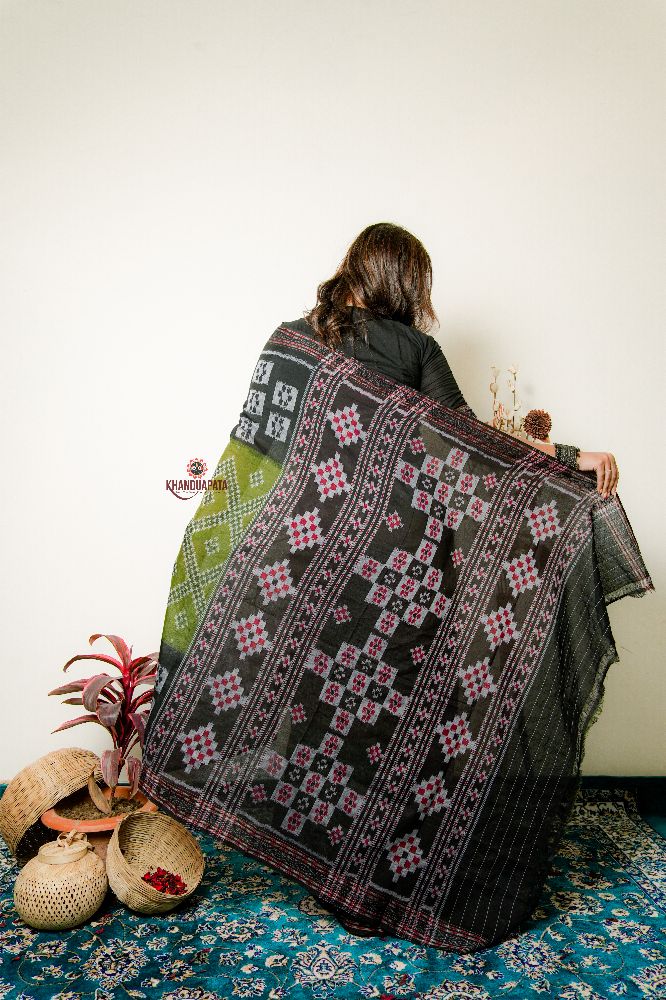 khanduapata Black And Grey Box Design Cotton Saree For Women