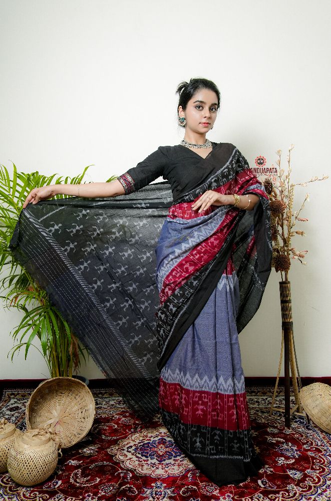 khanduapata Grey Doll Design Cotton Saree For Women