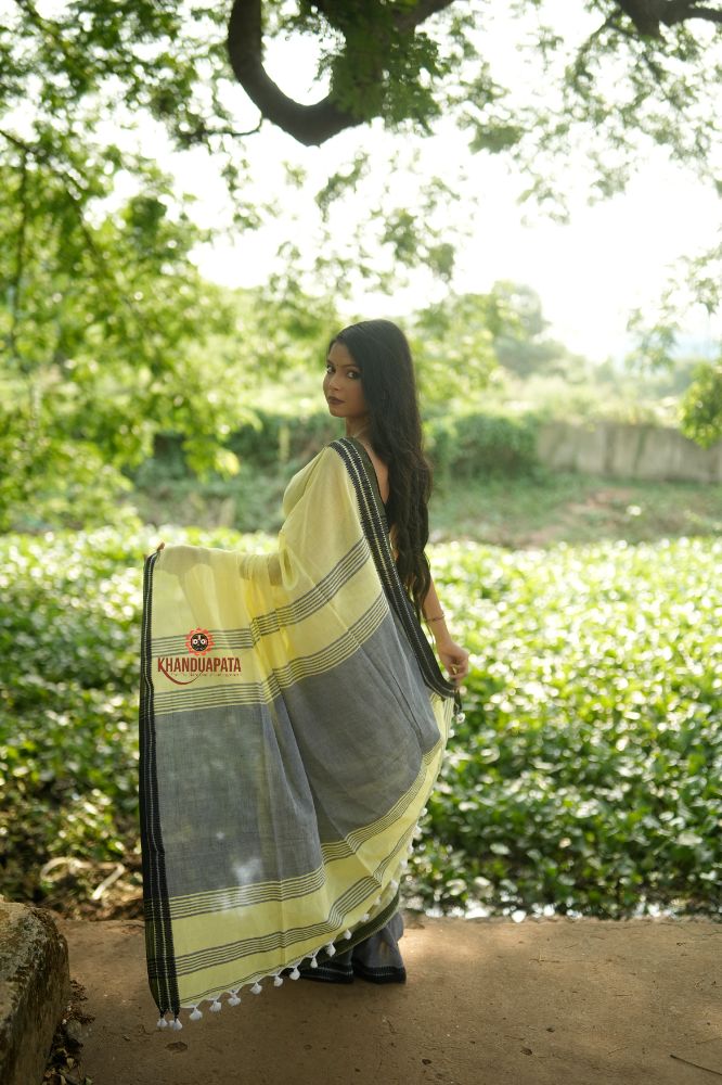 khanduapata Grey and Light Yellow Plain Cotton Saree For Women