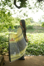 Thumbnail for khanduapata Grey and Light Yellow Plain Cotton Saree For Women