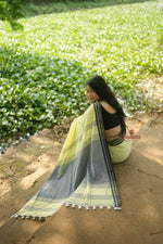 Thumbnail for khanduapata Grey and Light Yellow Plain Cotton Saree For Women