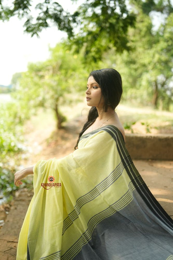 khanduapata Grey and Light Yellow Plain Cotton Saree For Women