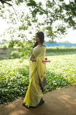 Thumbnail for khanduapata Grey and Light Yellow Plain Cotton Saree For Women