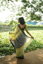 Thumbnail for khanduapata Grey and Light Yellow Plain Cotton Saree For Women