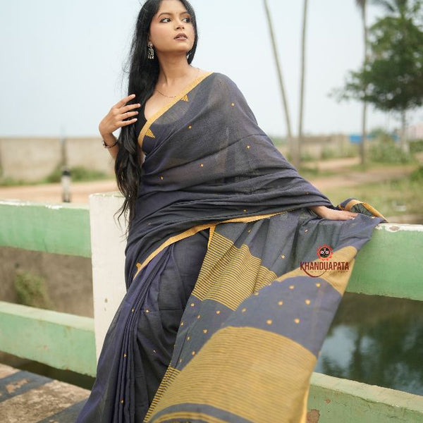 khanduapata Grey and Mustard Yellow Dot Pattern Cotton Saree For Women - Distacart