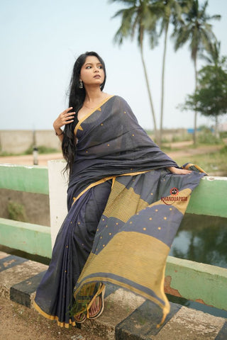 khanduapata Grey and Mustard Yellow Dot Pattern Cotton Saree For Women