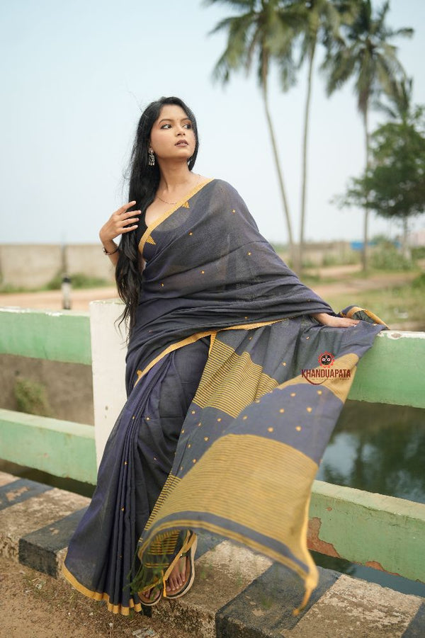 khanduapata Grey and Mustard Yellow Dot Pattern Cotton Saree For Women