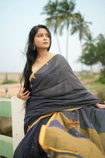 Thumbnail for khanduapata Grey and Mustard Yellow Dot Pattern Cotton Saree For Women