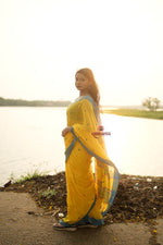 Thumbnail for khanduapata Yellow and Soft Blue Colourful Dot Pattern Cotton Saree For Women