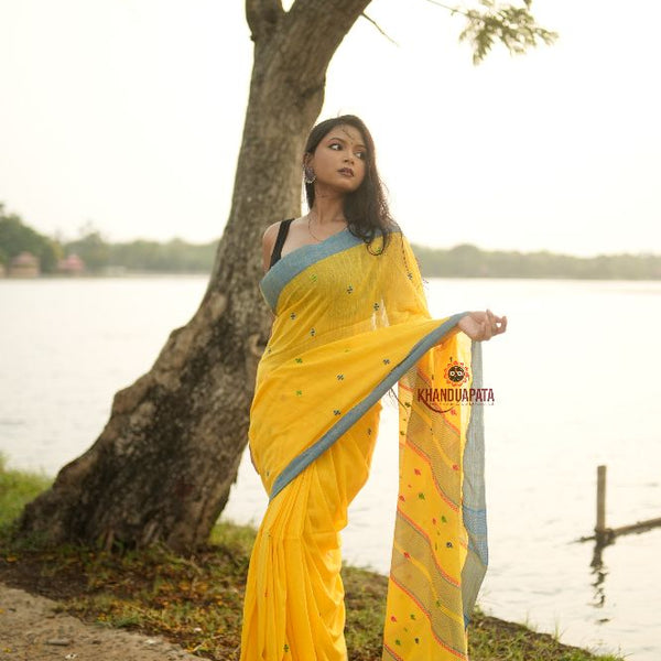 khanduapata Yellow and Soft Blue Colourful Dot Pattern Cotton Saree For Women - Distacart