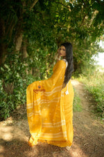 Thumbnail for khanduapata White & Mustard Yellow Leaf Pattern Cotton Saree For Women