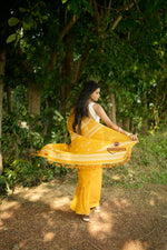 Thumbnail for khanduapata White & Mustard Yellow Leaf Pattern Cotton Saree For Women