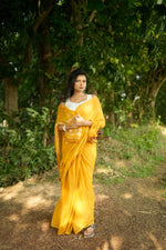 Thumbnail for khanduapata White & Mustard Yellow Leaf Pattern Cotton Saree For Women