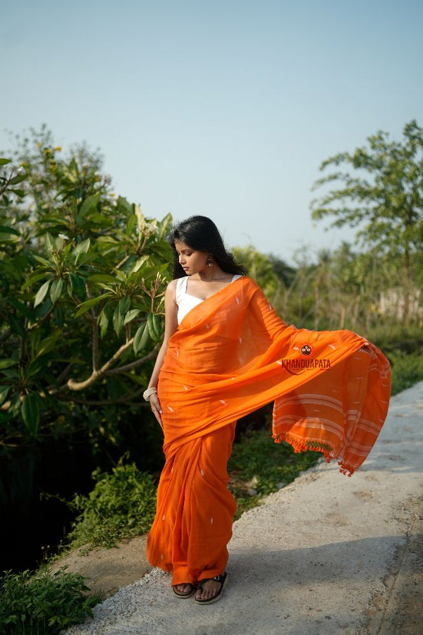 khanduapata Orange and White Leaf Pattern Cotton Saree For Women