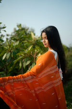 Thumbnail for khanduapata Orange and White Leaf Pattern Cotton Saree For Women