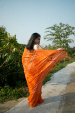 Thumbnail for khanduapata Orange and White Leaf Pattern Cotton Saree For Women