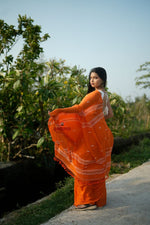 Thumbnail for khanduapata Orange and White Leaf Pattern Cotton Saree For Women