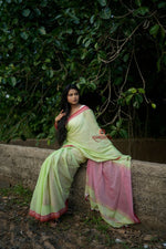 Thumbnail for khanduapata Pink and Pastel Green Plain Cotton Saree For Women