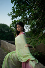 Thumbnail for khanduapata Pink and Pastel Green Plain Cotton Saree For Women