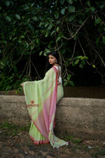 Thumbnail for khanduapata Pink and Pastel Green Plain Cotton Saree For Women