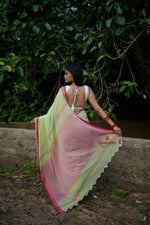 Thumbnail for khanduapata Pink and Pastel Green Plain Cotton Saree For Women