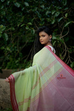 Thumbnail for khanduapata Pink and Pastel Green Plain Cotton Saree For Women