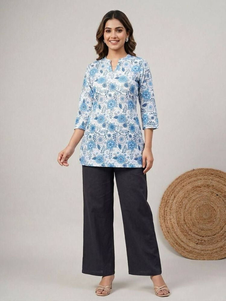 Teeya Creation Womens New Trendy Blue Floral Printed Short Kurti with Beige Palazzo Set - Dista