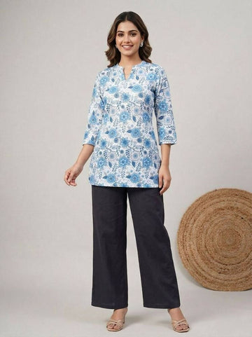 Teeya Creation Womens New Trendy Blue Floral Printed Short Kurti with Beige Palazzo Set - Dista