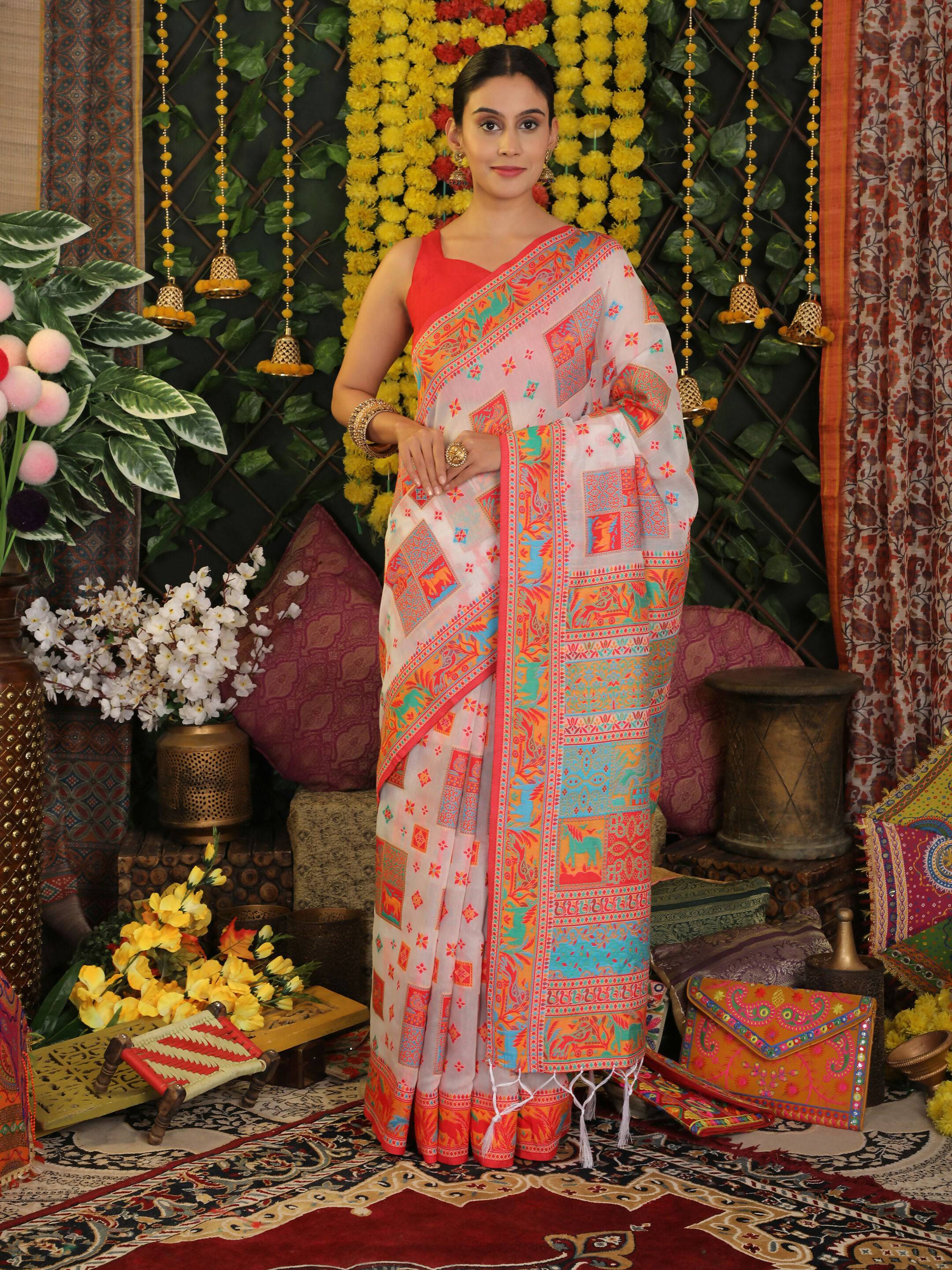 Astita Linen Cotton White Saree