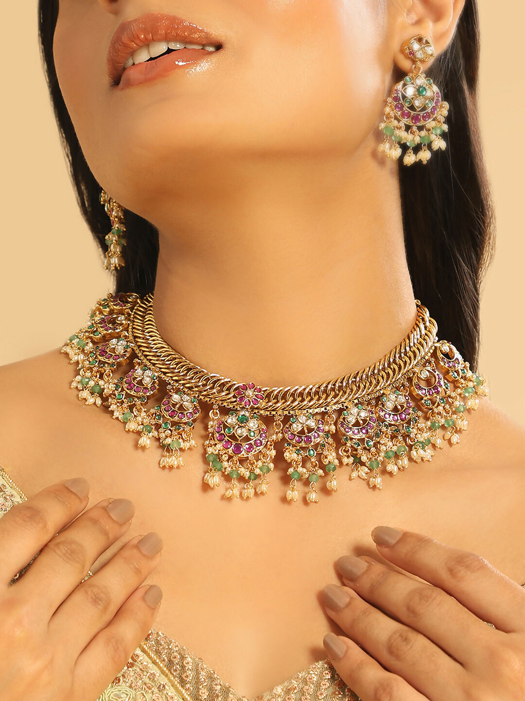 Nuyug 18K Gold Plated Estele Gold Tone Beaded Necklace Set