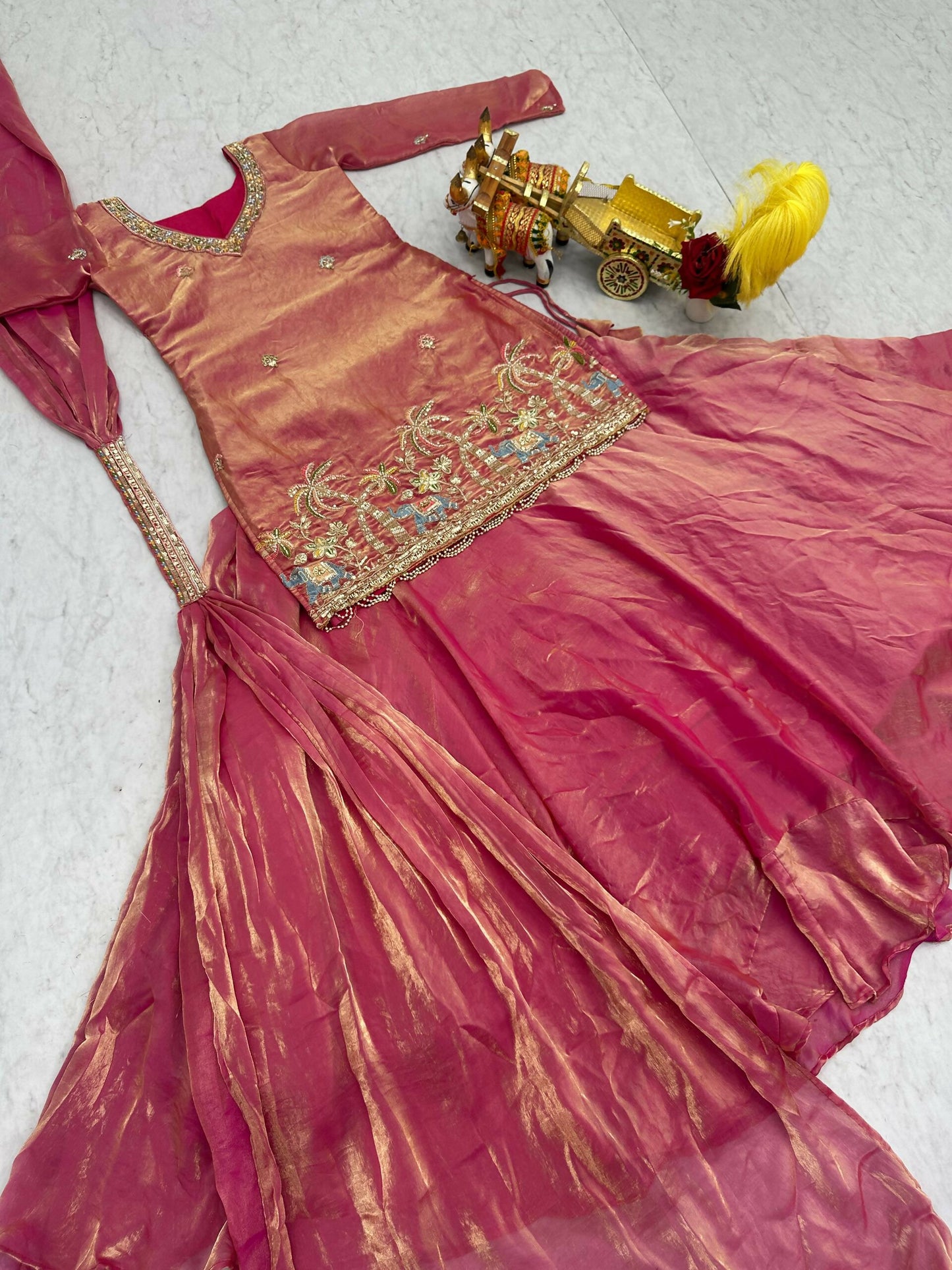 Teeya Creation Womens New Stylish Moti Beads With Cording Sequence Thread Embroidery Work Pink Kurta Set - Dista