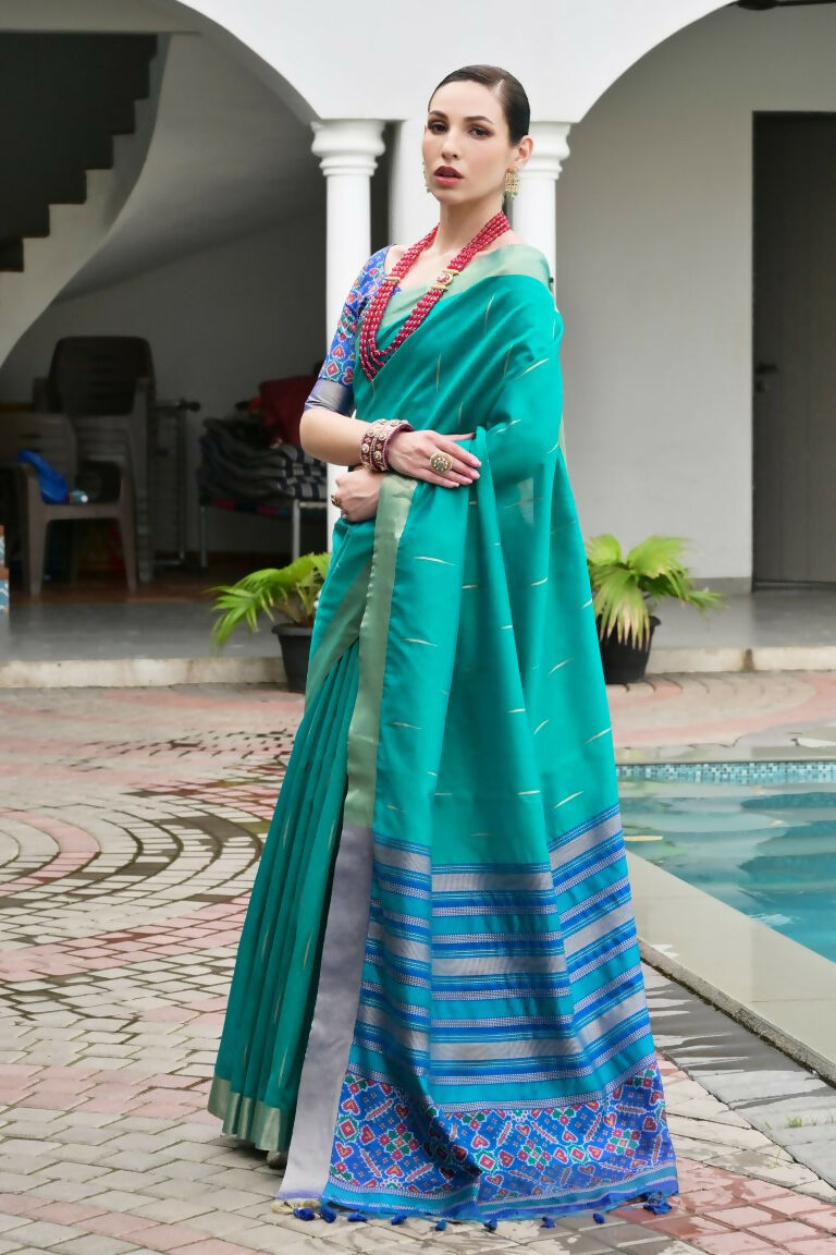 Vishnu Weaves Women's Rama Raw Silk Patola Zari Woven Saree with Blouse