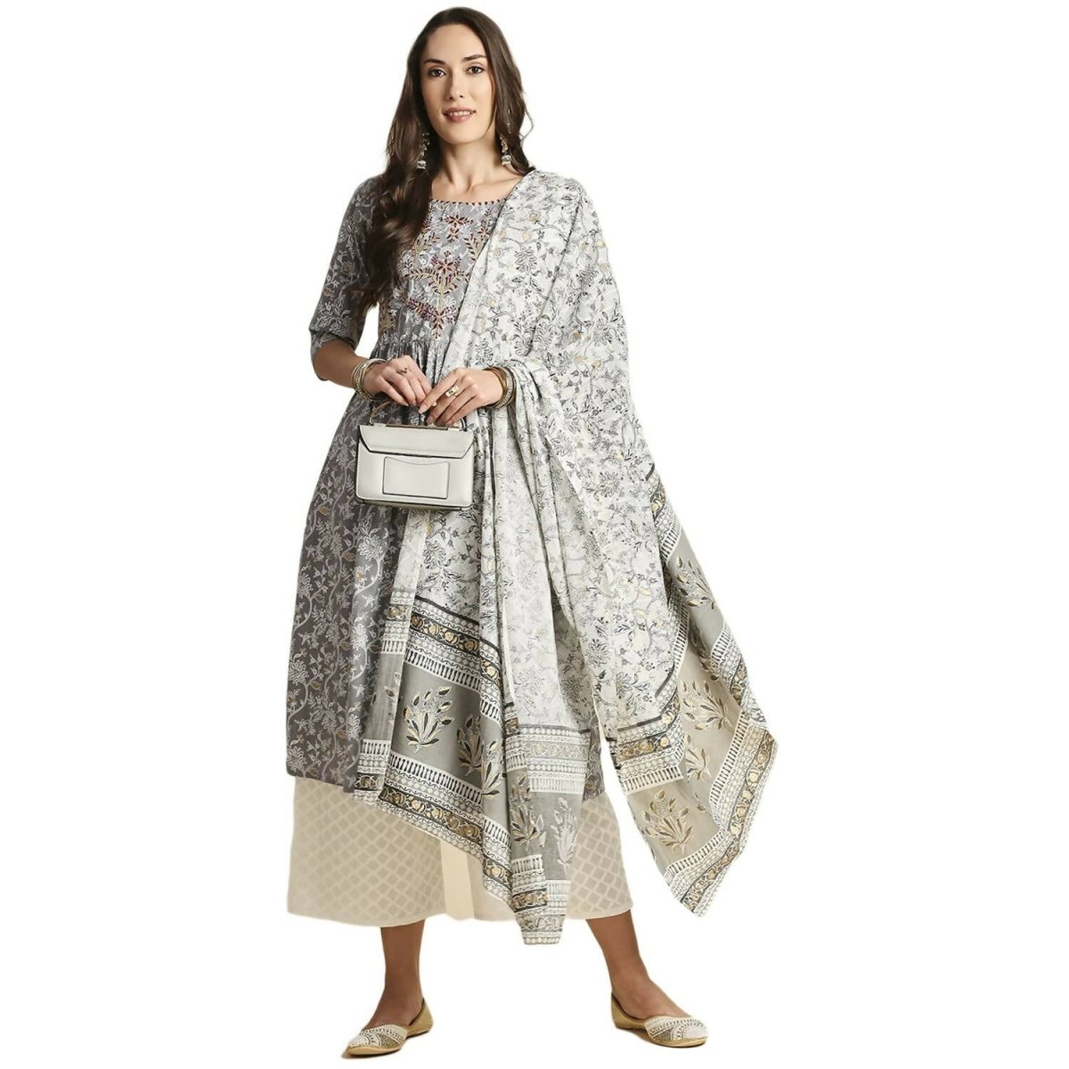 Anubhutee Women's Cotton Regular Floral Printed A-Line Grey Kurta Set - Distacart