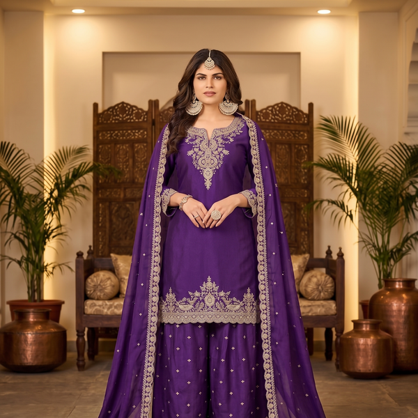 Teeya Creation Womens New Stylish Silk Embroidered Purple Sharara Suit With Golden Zari Work And Lace Border Dupatta - Dista