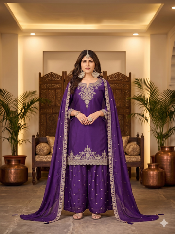 Teeya Creation Womens New Stylish Silk Embroidered Purple Sharara Suit With Golden Zari Work And Lace Border Dupatta - Dista