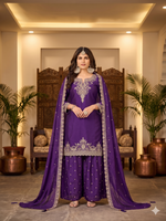 Thumbnail for Teeya Creation Womens New Stylish Silk Embroidered Purple Sharara Suit With Golden Zari Work And Lace Border Dupatta - Dista