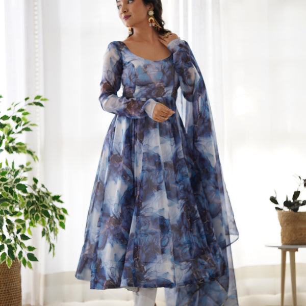 Lehenga Mart Navy Blue Organza Silk Designer Anarkali Suit Set