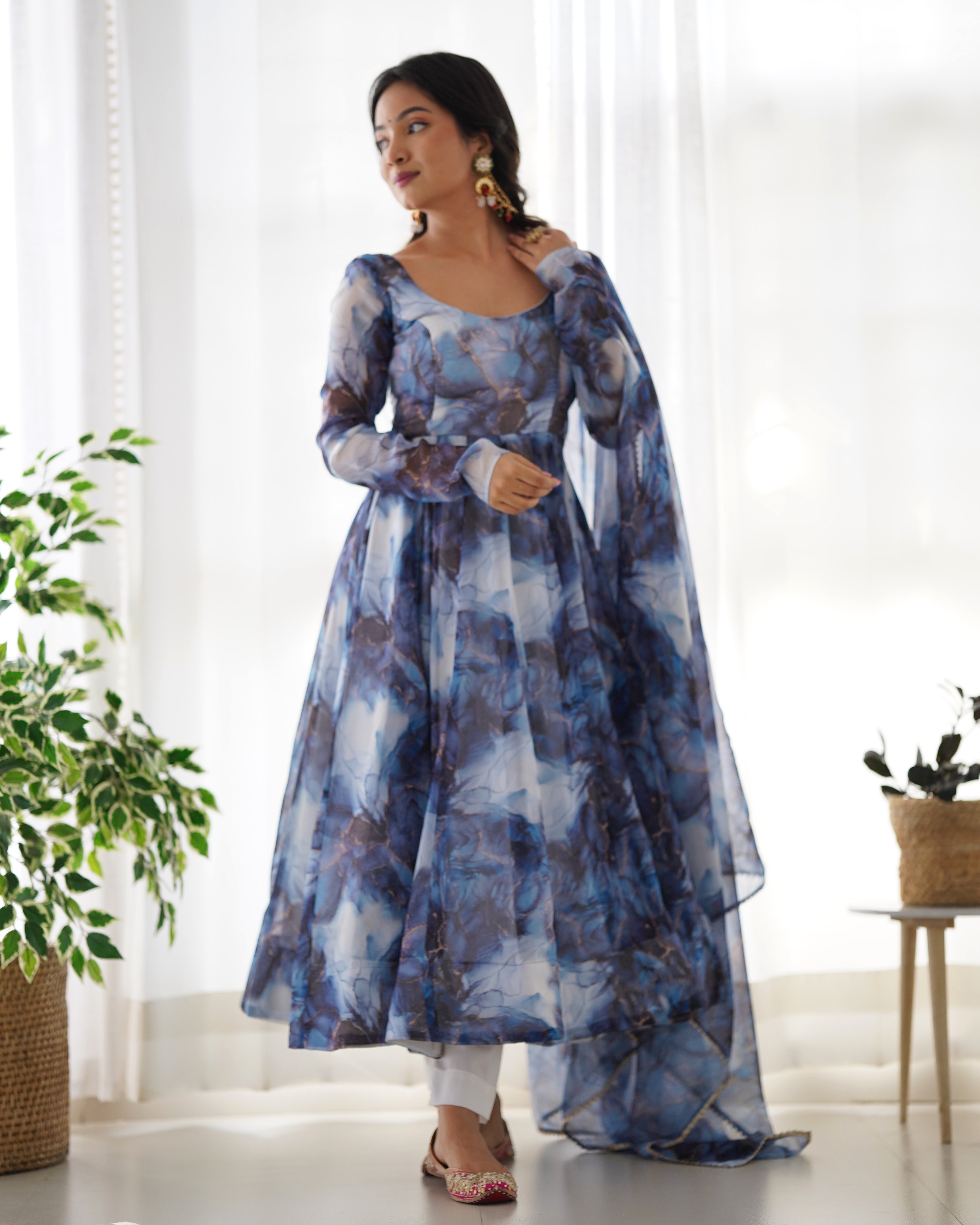 Lehenga Mart Navy Blue Organza Silk Designer Anarkali Suit Set - Distacart
